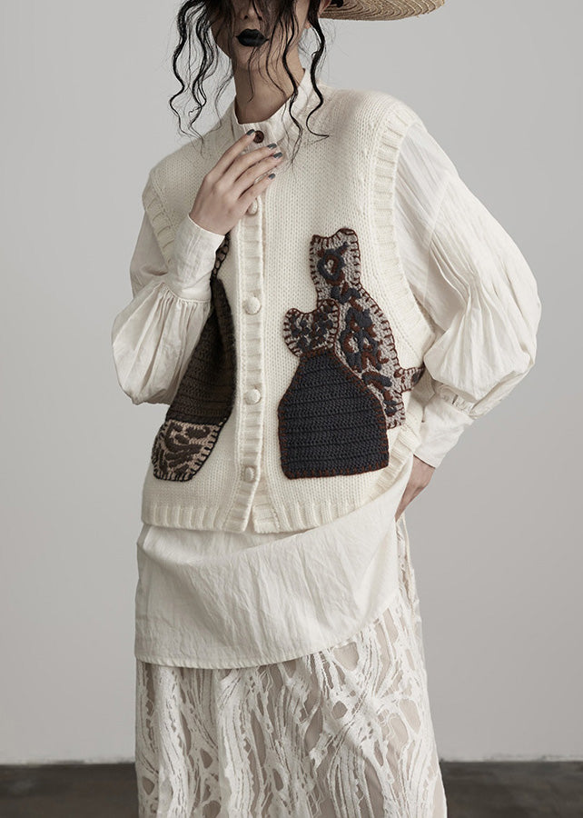 Chic White Embroideried Wool Knit Vests Spring