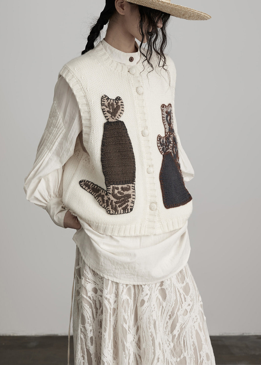 Chic White Embroideried Wool Knit Vests Spring