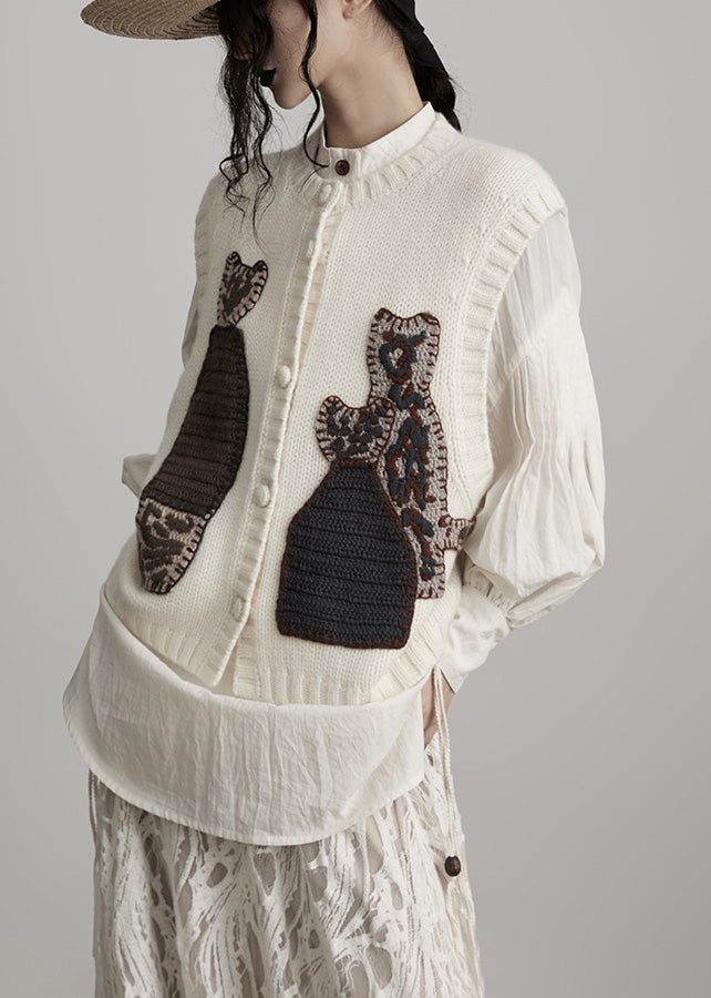 Chic White Embroideried Wool Knit Vests Spring