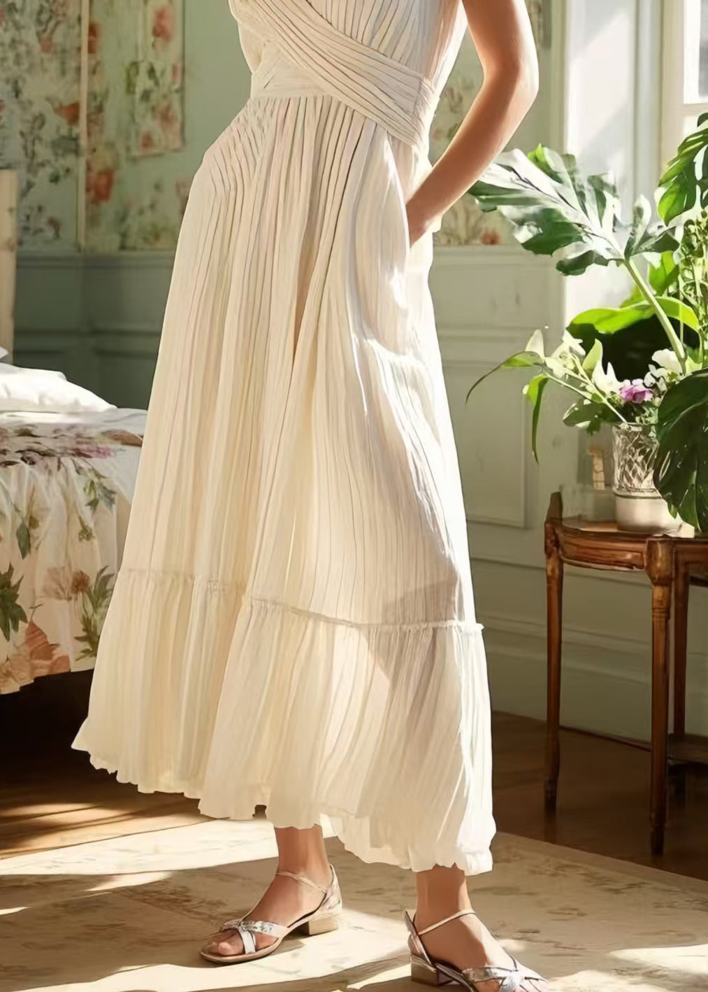 Chic White Exra Large Hem Wrinkled Cotton Cami Dresses Summer