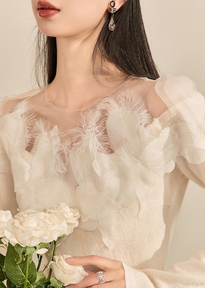 Chic White Floral Feather Knit Sweaters Spring