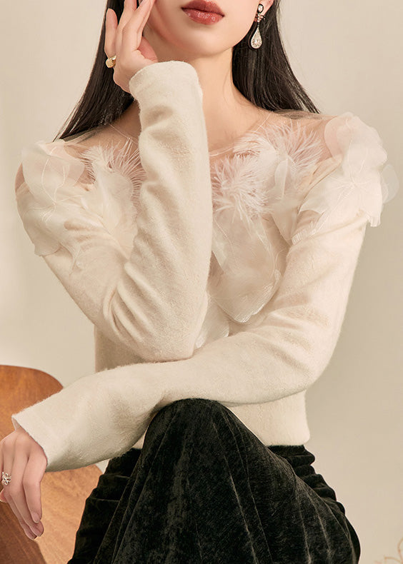 Chic White Floral Feather Knit Sweaters Spring