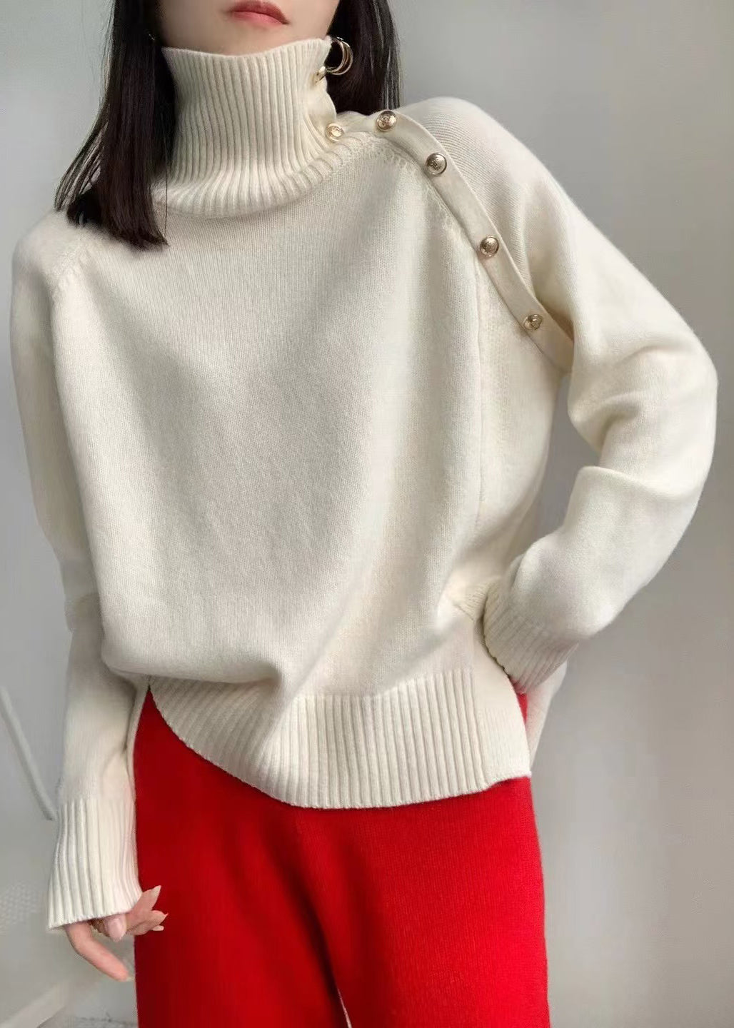 Chic White High Neck Side Open Knit Sweaters Winter