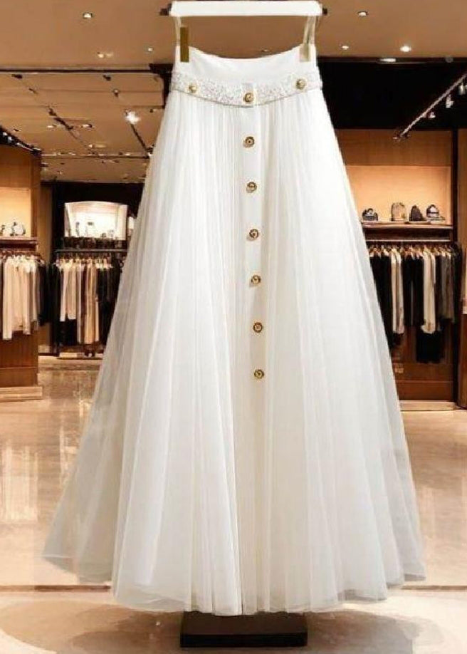 Chic White High Waist Wrinkled Patchwork Tulle Skirt Fall