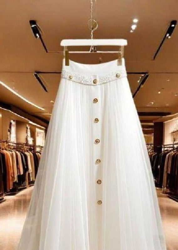 Chic White High Waist Wrinkled Patchwork Tulle Skirt Fall