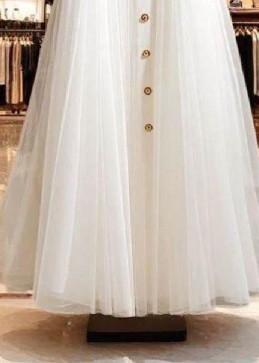 Chic White High Waist Wrinkled Patchwork Tulle Skirt Fall