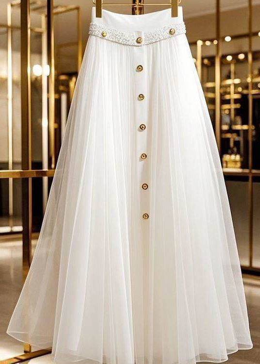 Chic White High Waist Wrinkled Patchwork Tulle Skirt Fall