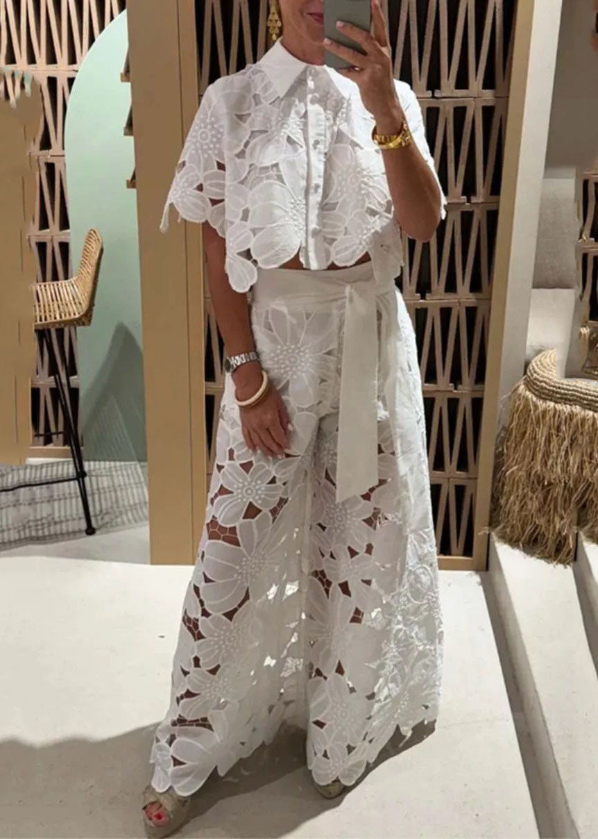 Chic White Hollow Out Shirts And Wide Leg Pants Two Pieces Set Short Sleeve