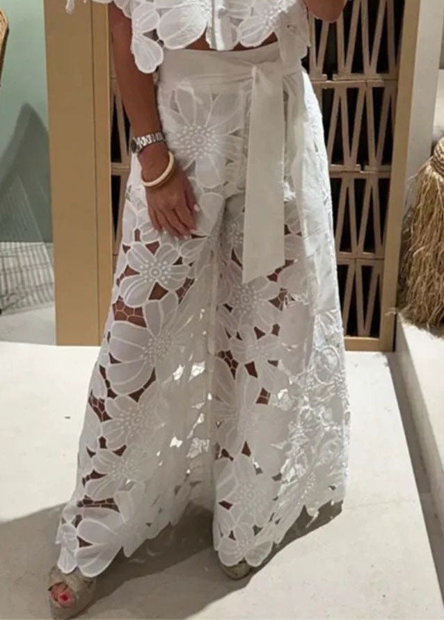 Chic White Hollow Out Shirts And Wide Leg Pants Two Pieces Set Short Sleeve