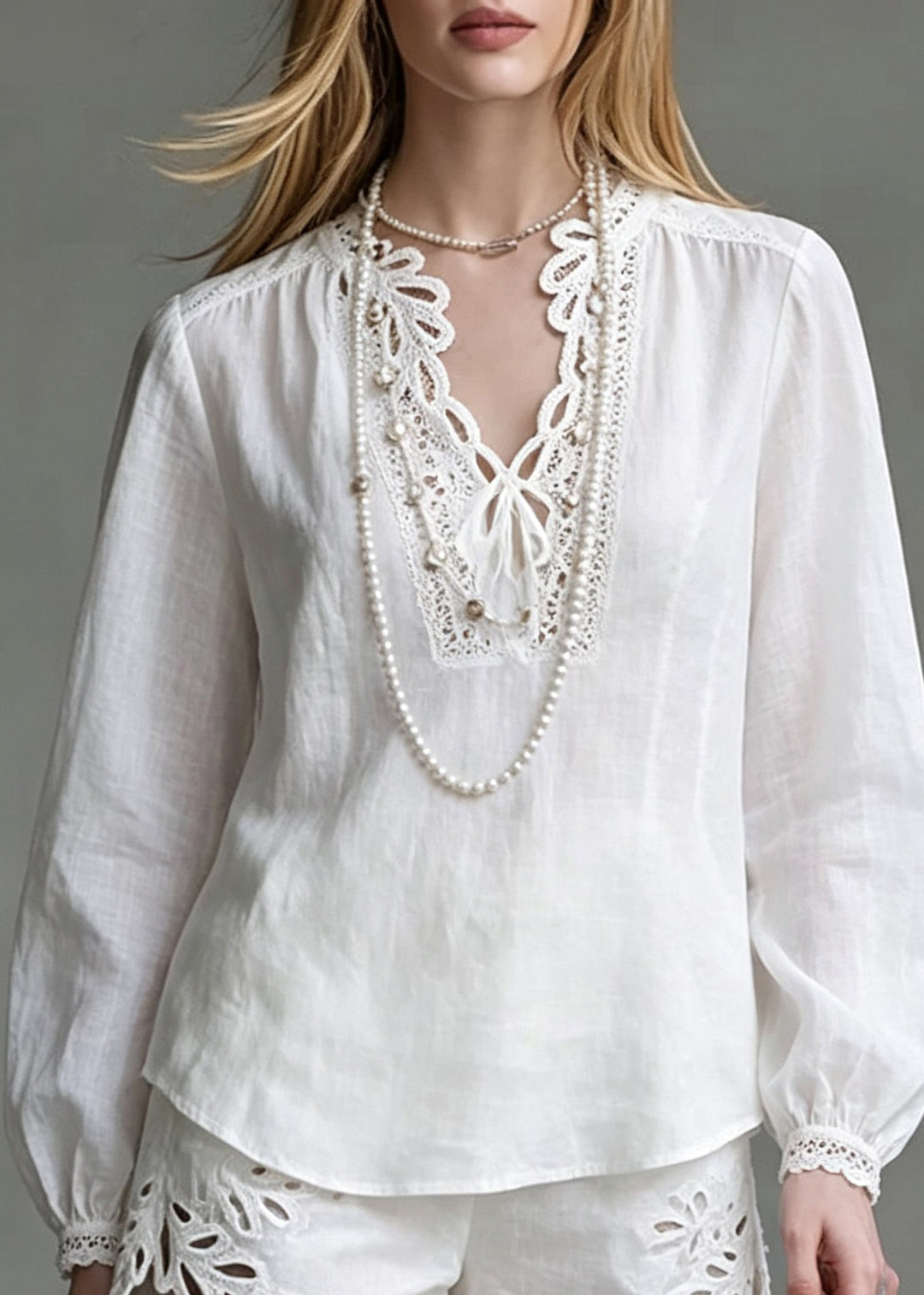 Chic White Hollow Out Top And Shorts Two Pieces Set Lantern Sleeve