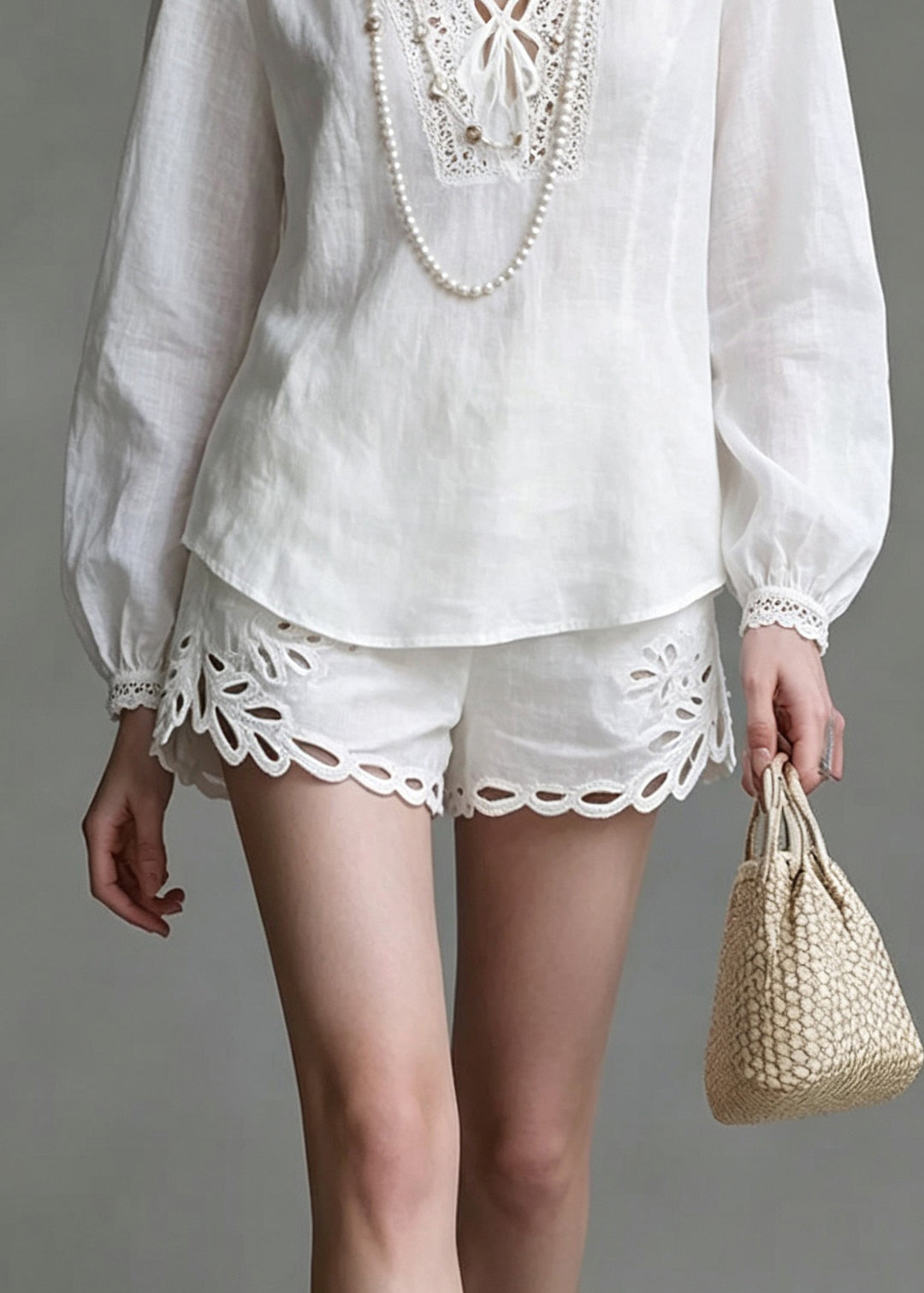 Chic White Hollow Out Top And Shorts Two Pieces Set Lantern Sleeve