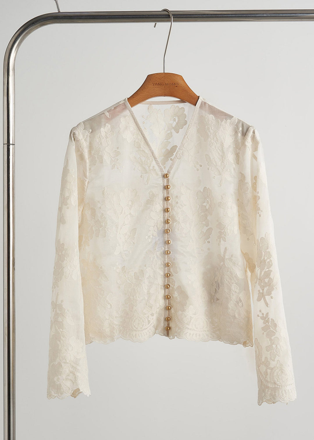 Chic White Jacquard Nail Bead Lace Tops Fall