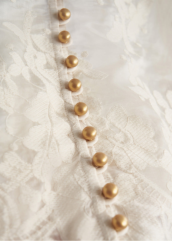 Chic White Jacquard Nail Bead Lace Tops Fall