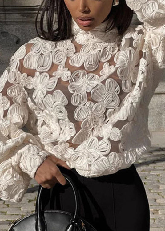 Chic White Notched Floral Lace Top Lantern Sleeve