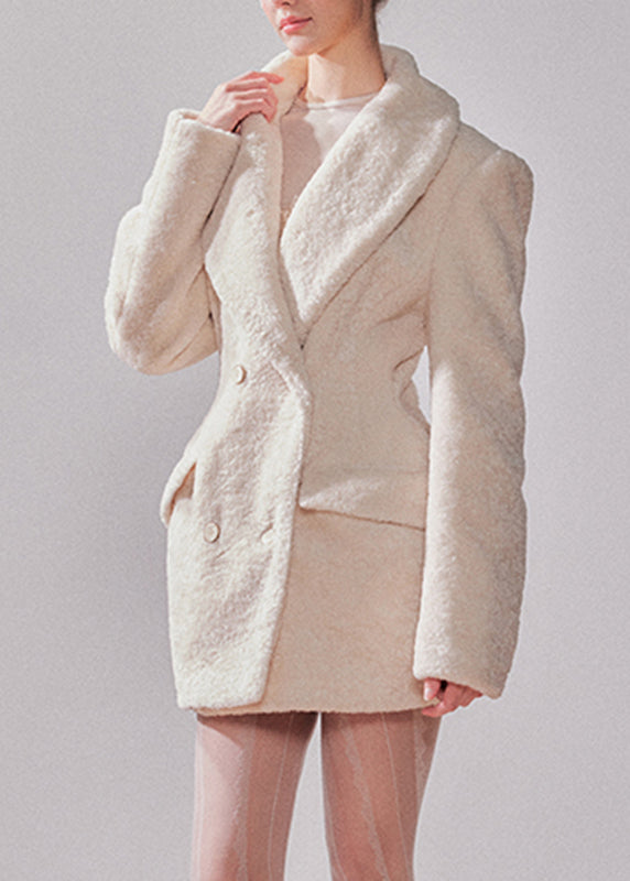 Chic White Notched Patchwork Button Faux Fur Coats Winter