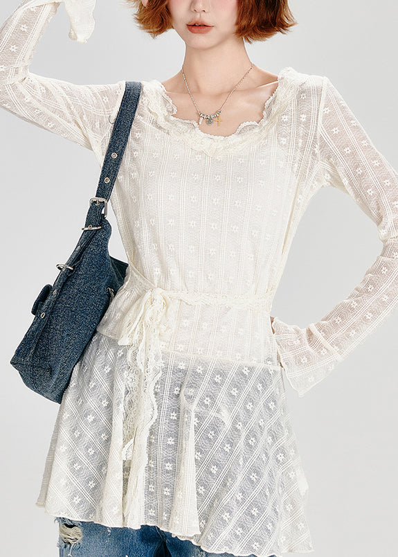 Chic White O Neck Lace Up Lace Top Spring