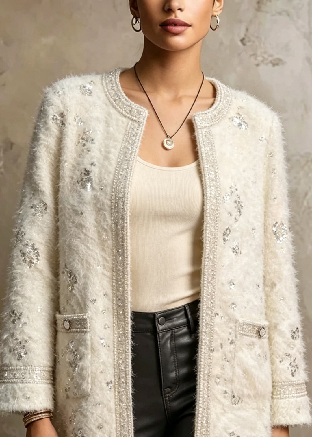 Chic White O Neck Pockets Sequins Duck Down Puffers Jackets Winter