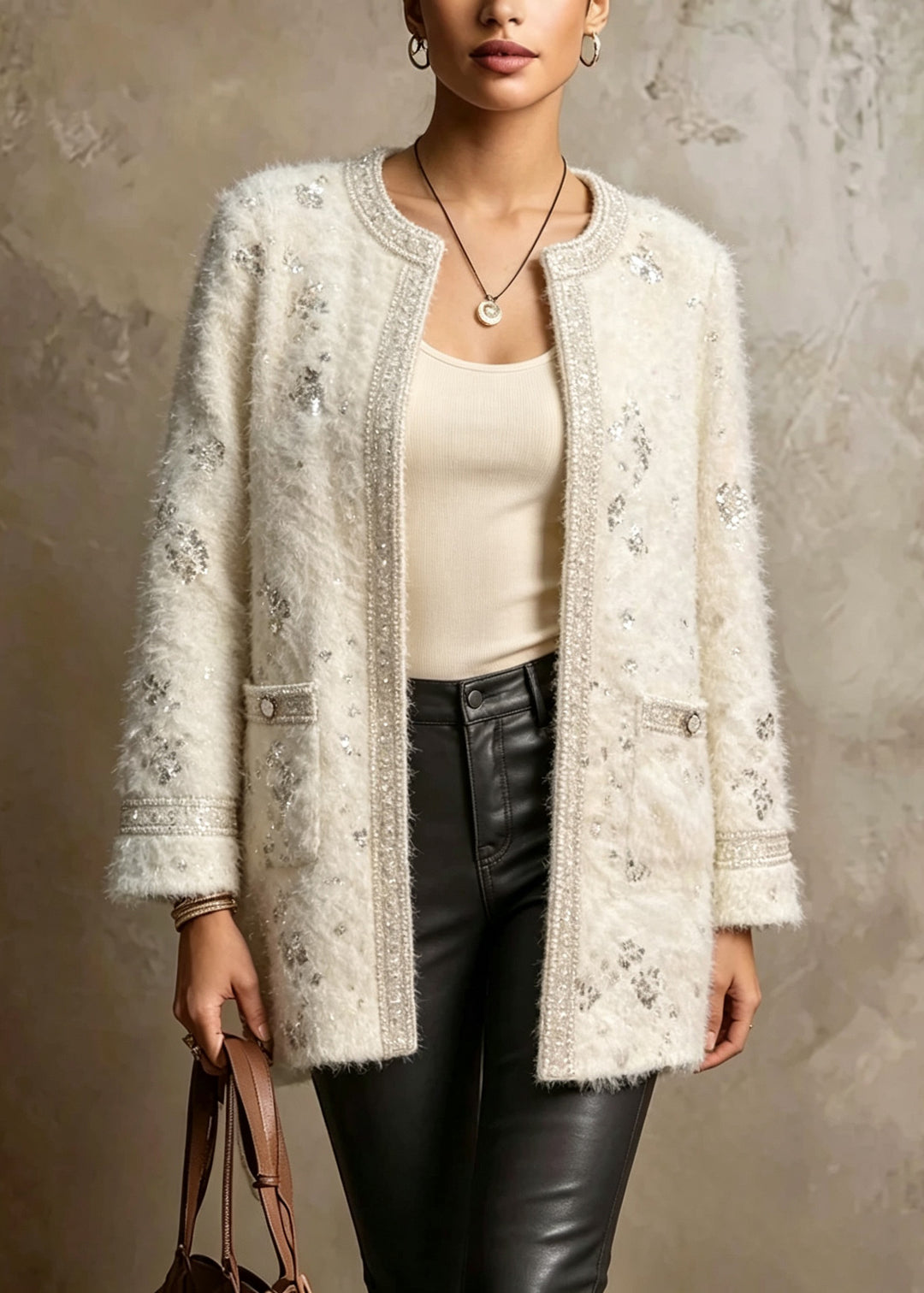 Chic White O Neck Pockets Sequins Duck Down Puffers Jackets Winter