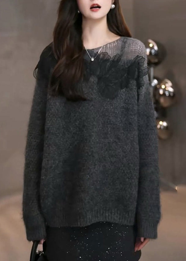 Chic White Oversized Patchwork Knitted Tops Fall