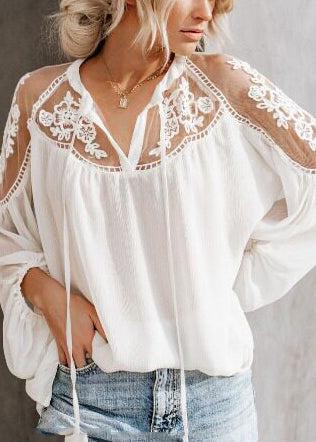 Chic White Oversized Patchwork Lace Shirt Summer