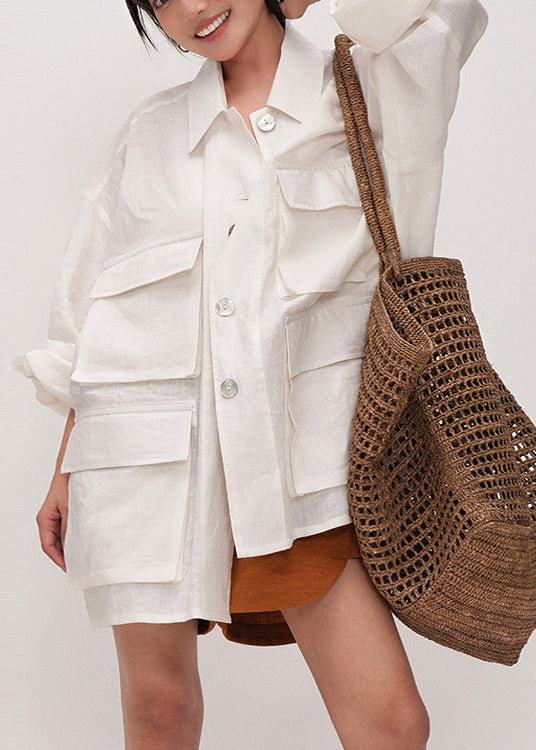 Chic White Oversized Pockets Cotton Shirt Top Summer