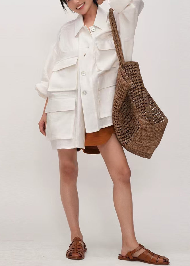 Chic White Oversized Pockets Cotton Shirt Top Summer