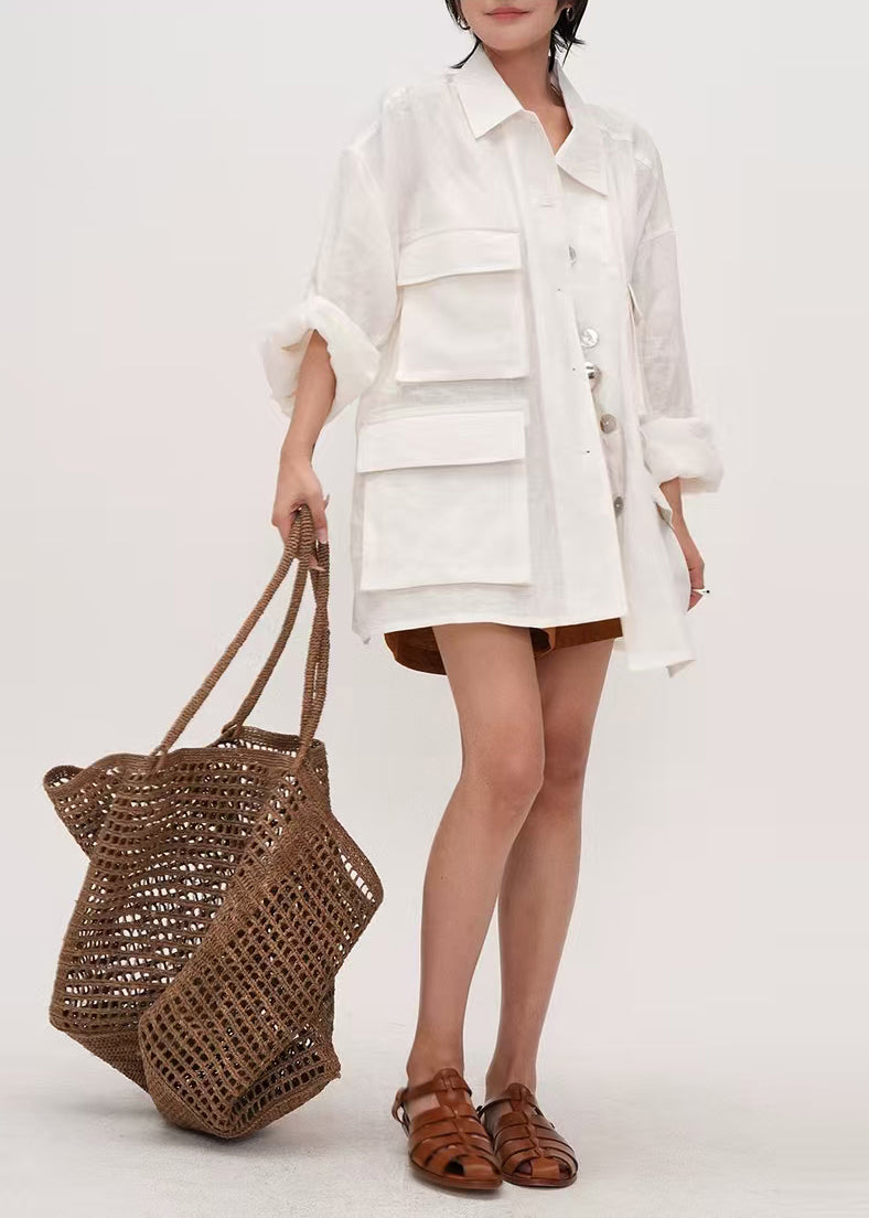 Chic White Oversized Pockets Cotton Shirt Top Summer
