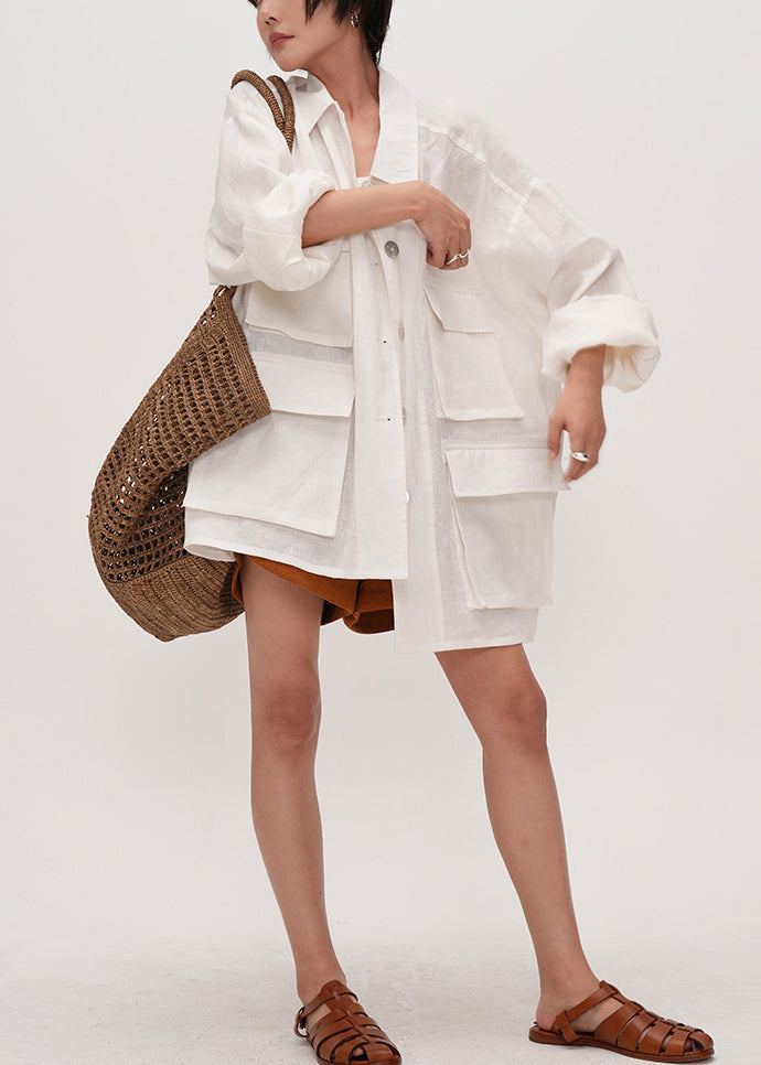 Chic White Oversized Pockets Cotton Shirt Top Summer