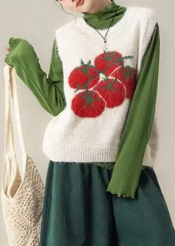 Chic White Oversized Print Knit Vest Tops Winter