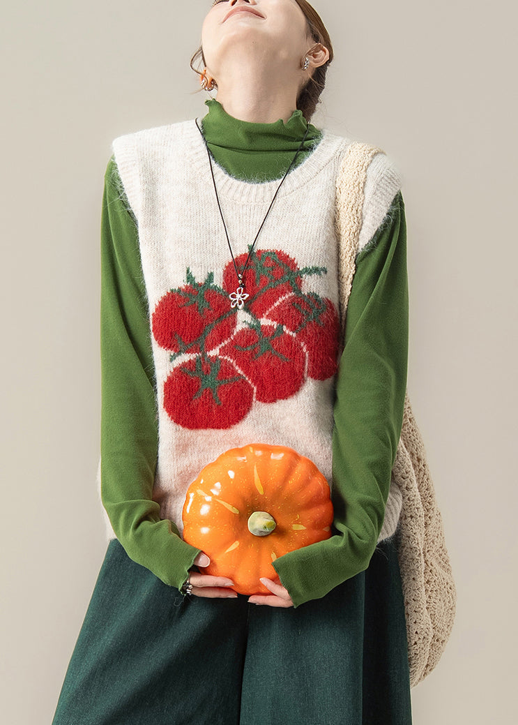 Chic White Oversized Print Knit Vest Tops Winter