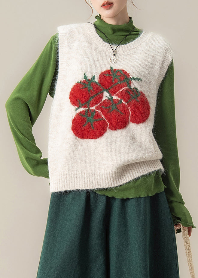 Chic White Oversized Print Knit Vest Tops Winter