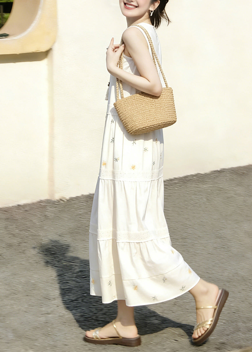 Chic White Patchwork Print O-Neck Lace Up Dresses Sleeveless