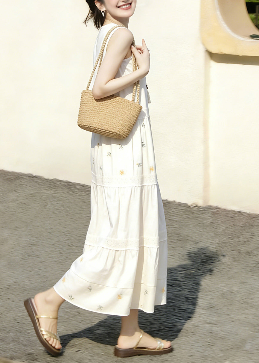 Chic White Patchwork Print O-Neck Lace Up Dresses Sleeveless