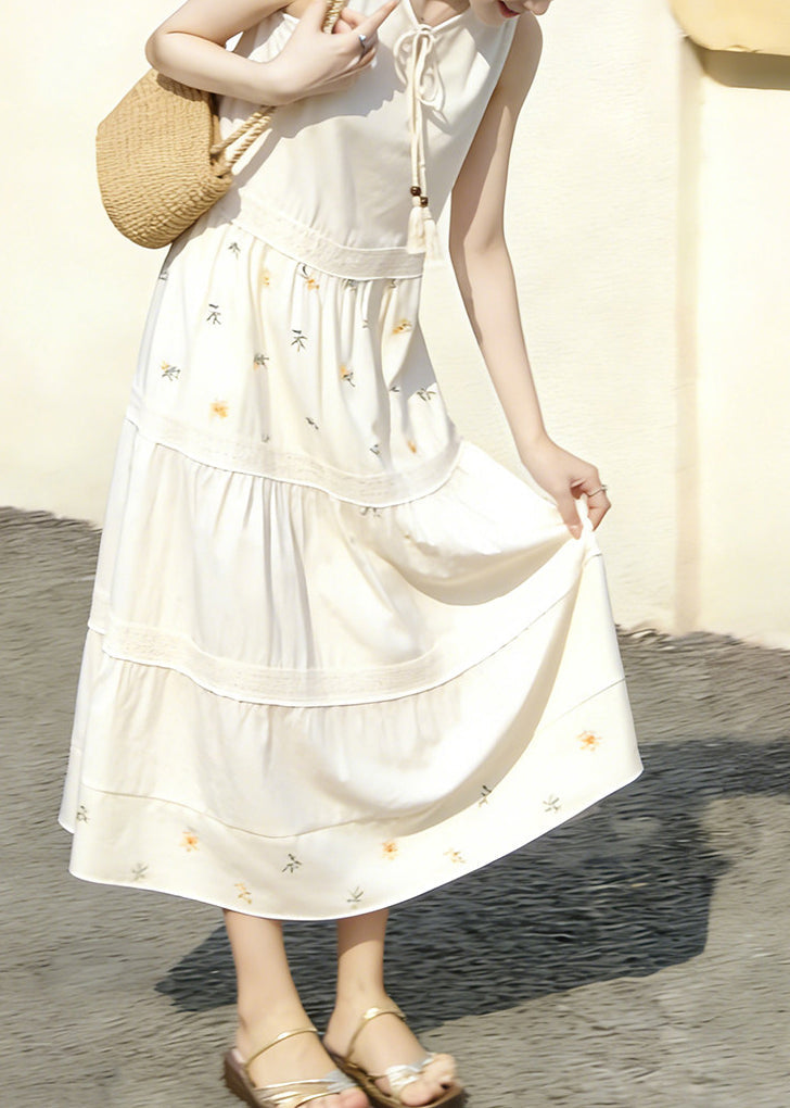 Chic White Patchwork Print O-Neck Lace Up Dresses Sleeveless