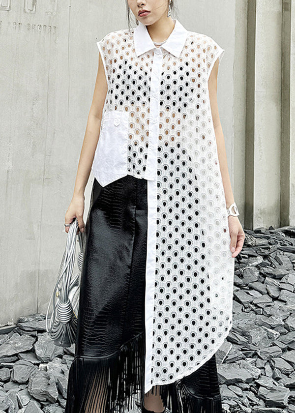 Chic White Peter Pan Collar Hollow Out Cotton Shirt Tops Summer - Omychic