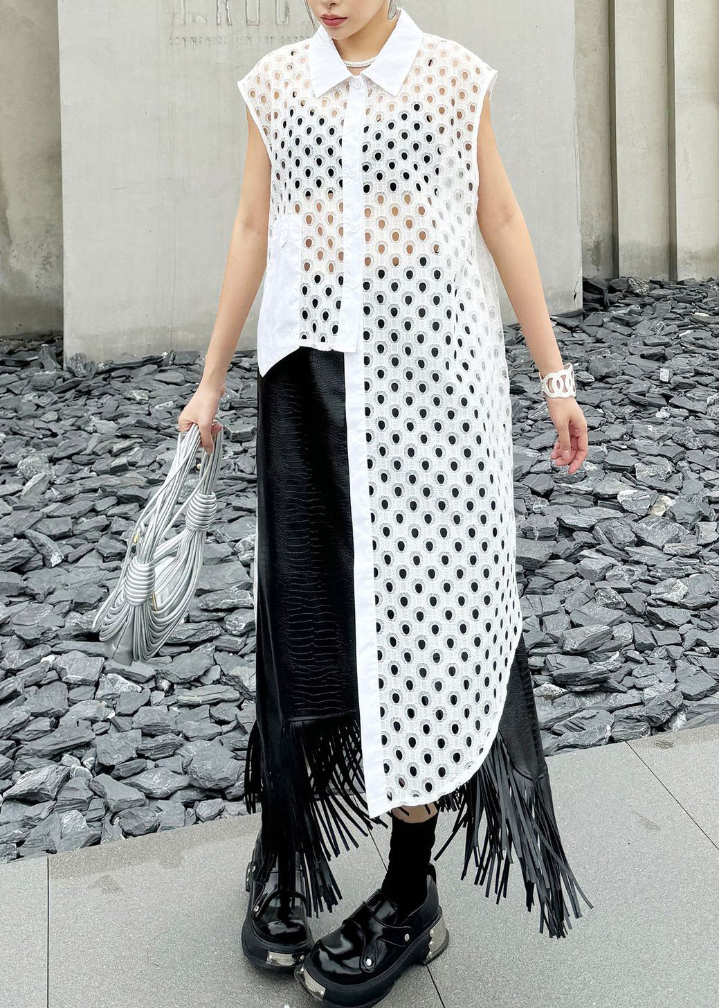 Chic White Peter Pan Collar Hollow Out Cotton Shirt Tops Summer - Omychic