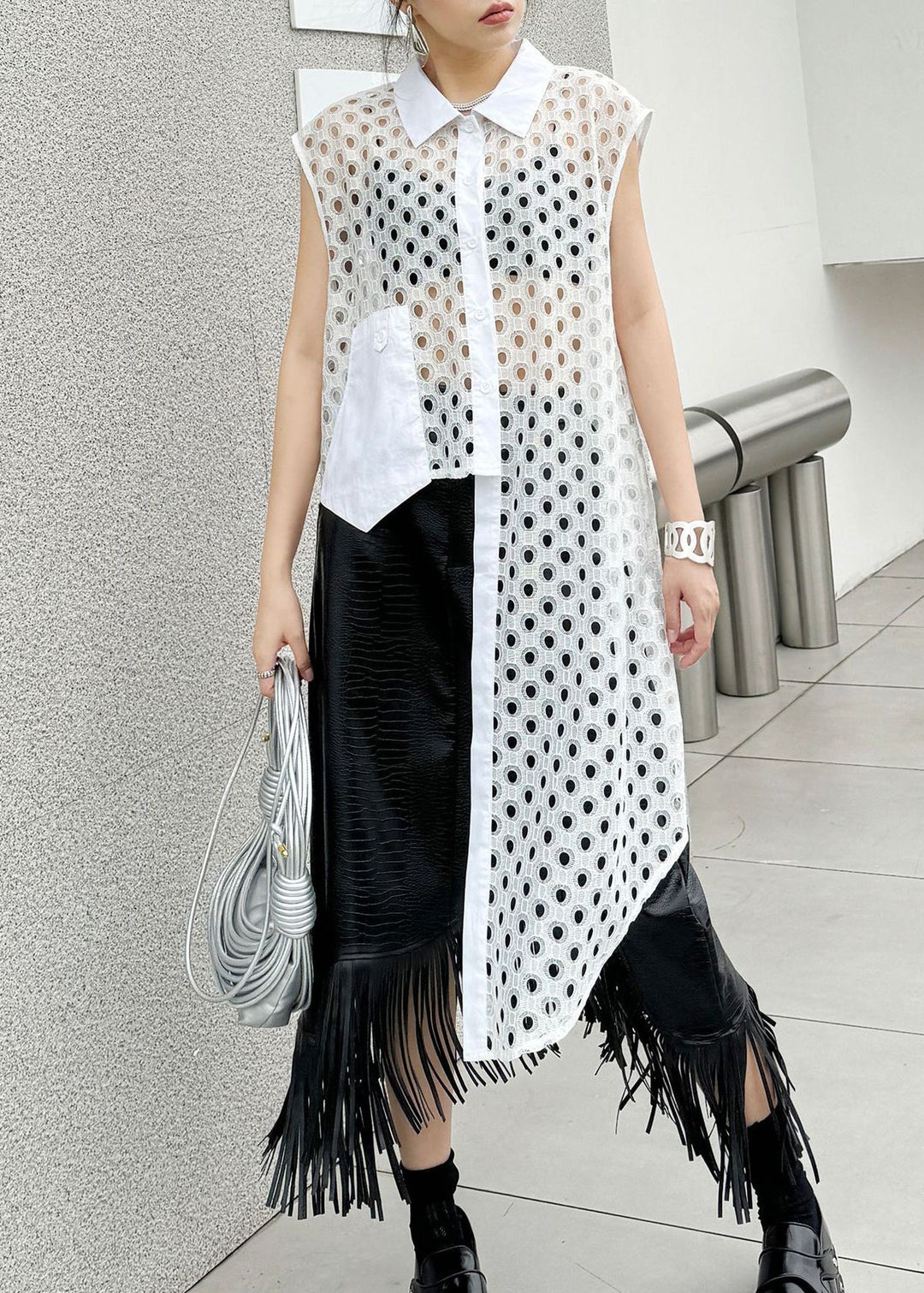 Chic White Peter Pan Collar Hollow Out Cotton Shirt Tops Summer - Omychic