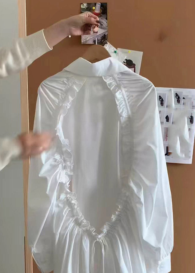 Chic White Peter Pan Collar Ruffled Patchwork Backless Shirt Spring