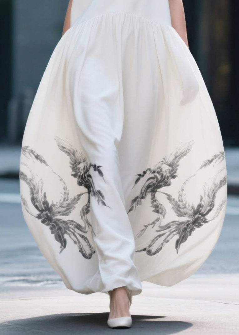 Chic White Print Exra Large Hem Chiffon Beach Dress Summer