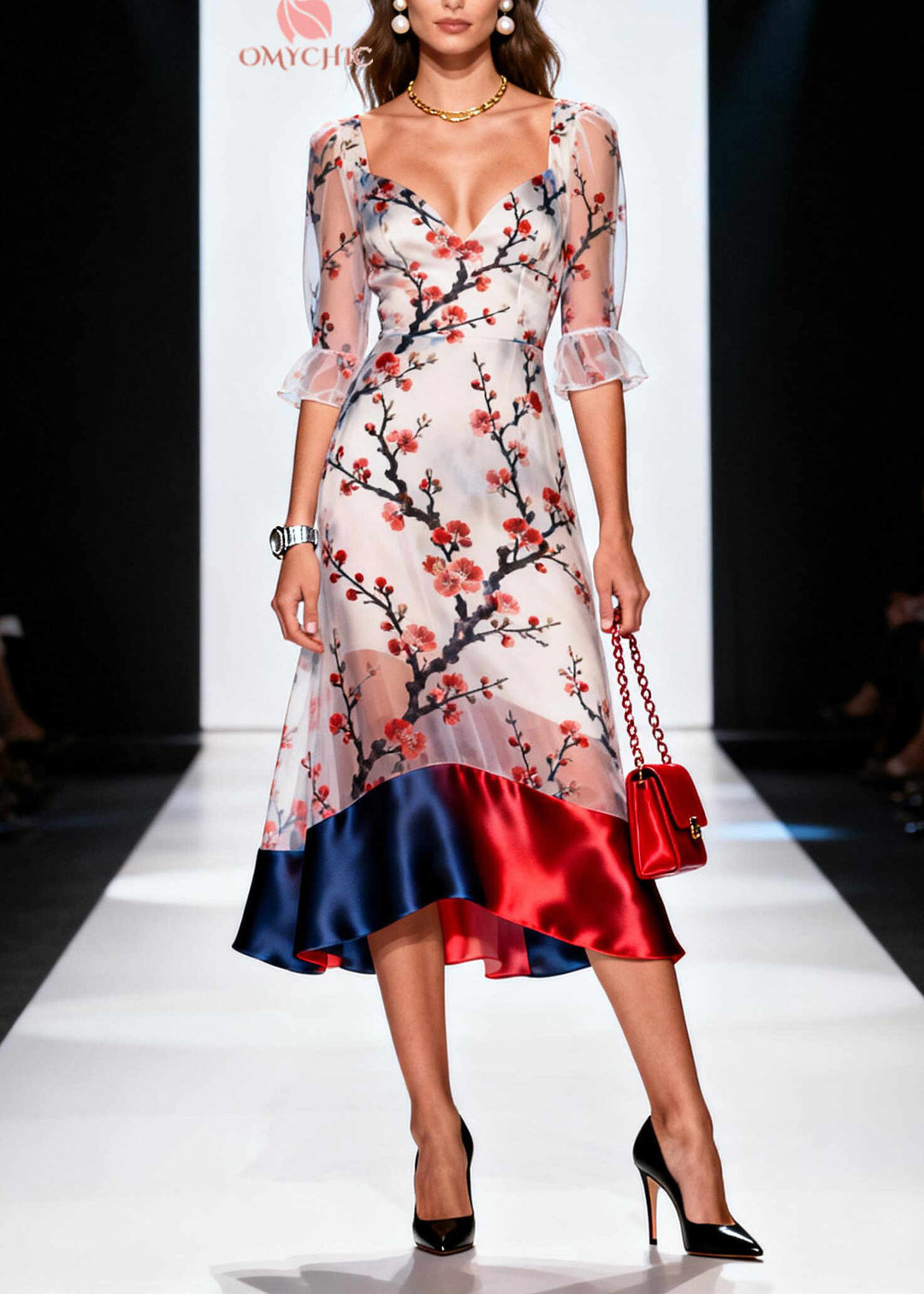 Chic White Print Patchwork Chiffon Vacation Dress Summer