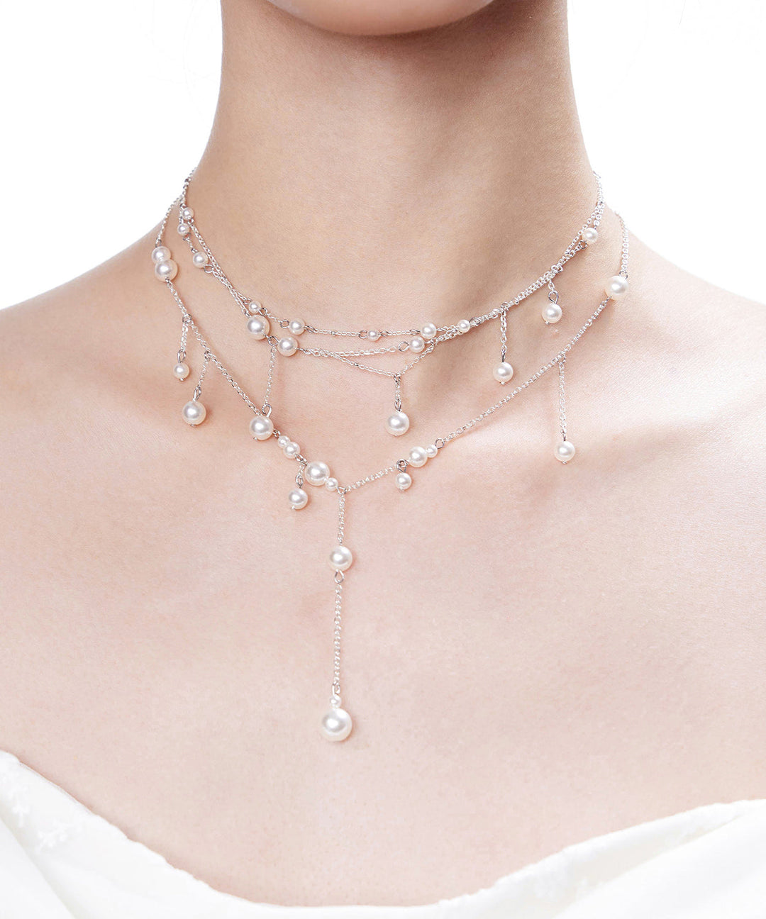 Chic White Pyered Pearl Tassel Multi Layered Silver Necklace