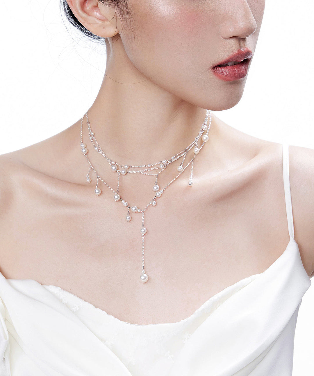Chic White Pyered Pearl Tassel Multi Layered Silver Necklace