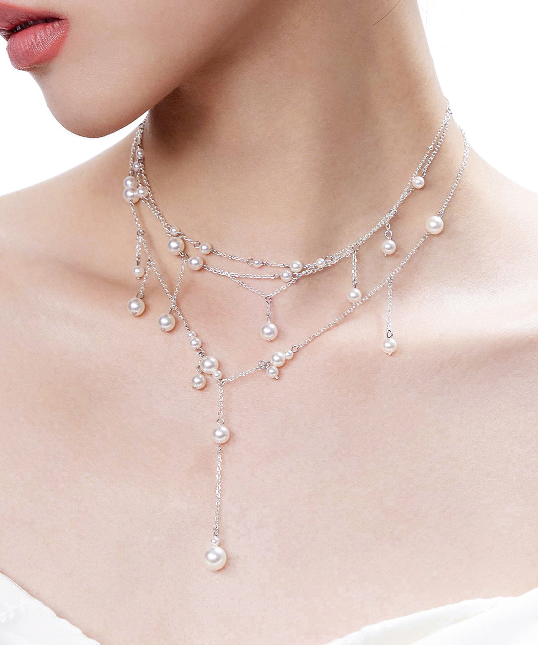Chic White Pyered Pearl Tassel Multi Layered Silver Necklace