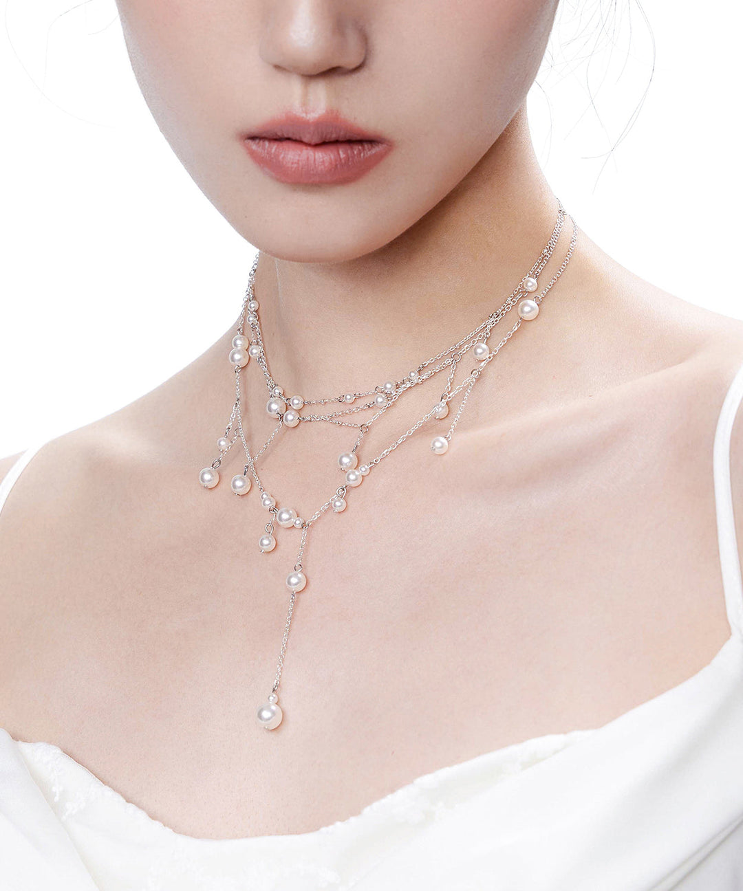 Chic White Pyered Pearl Tassel Multi Layered Silver Necklace