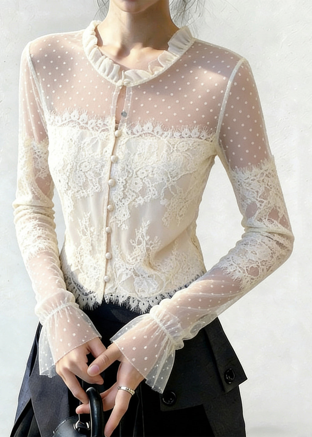 Chic White Ruffled Button Patchwork Lace Blouse Flare Sleeve