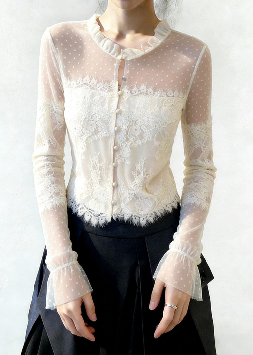 Chic White Ruffled Button Patchwork Lace Blouse Flare Sleeve