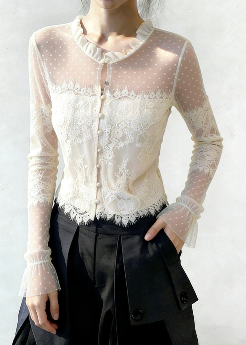 Chic White Ruffled Button Patchwork Lace Blouse Flare Sleeve