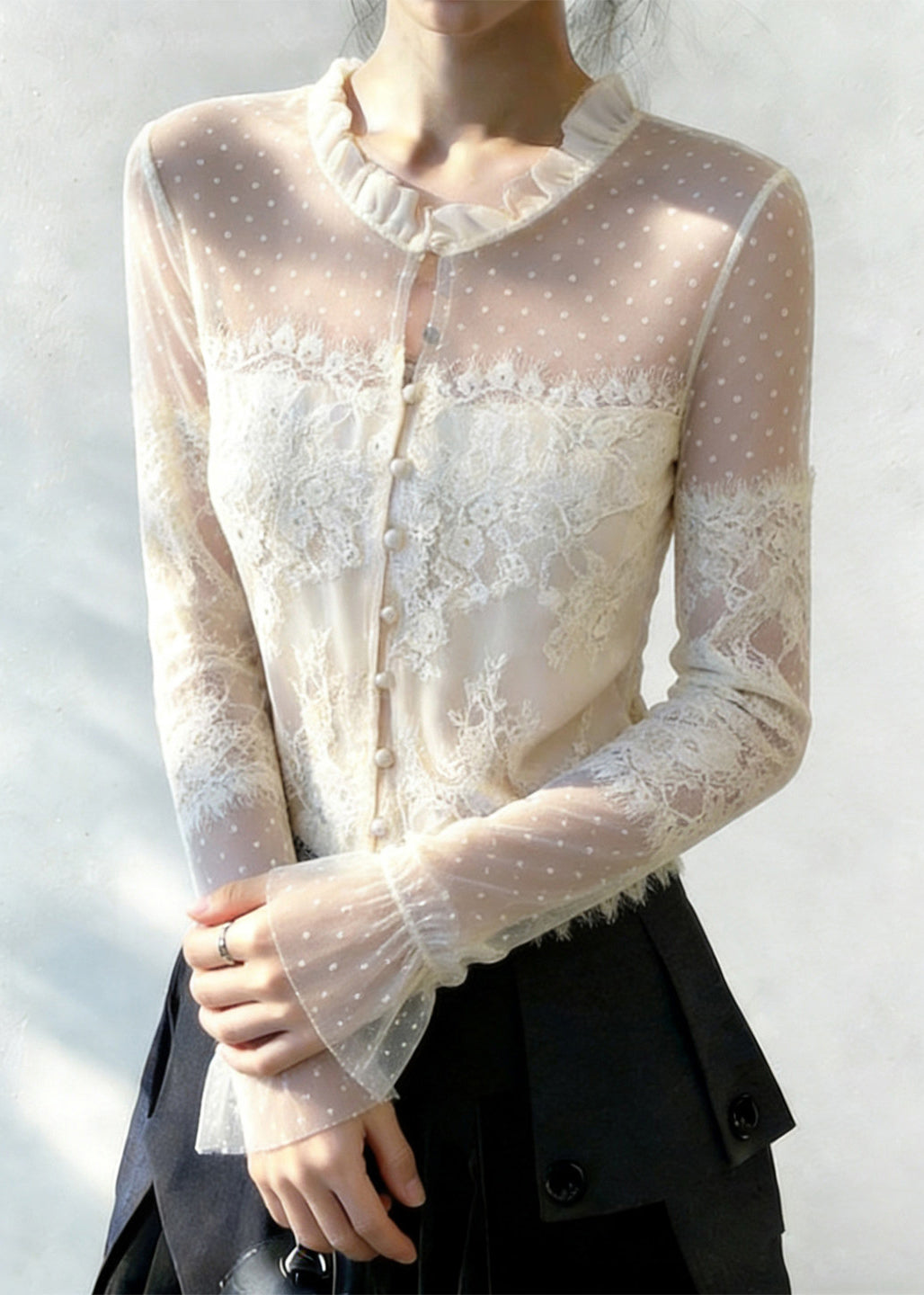 Chic White Ruffled Button Patchwork Lace Blouse Flare Sleeve