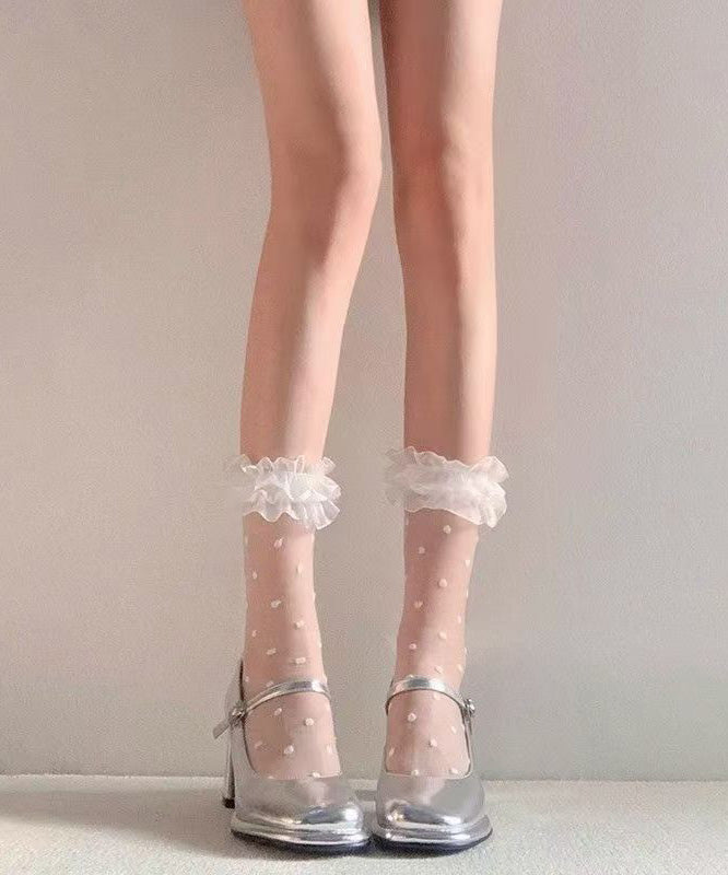 Chic White Ruffled Jacquard Lace Crew Socks