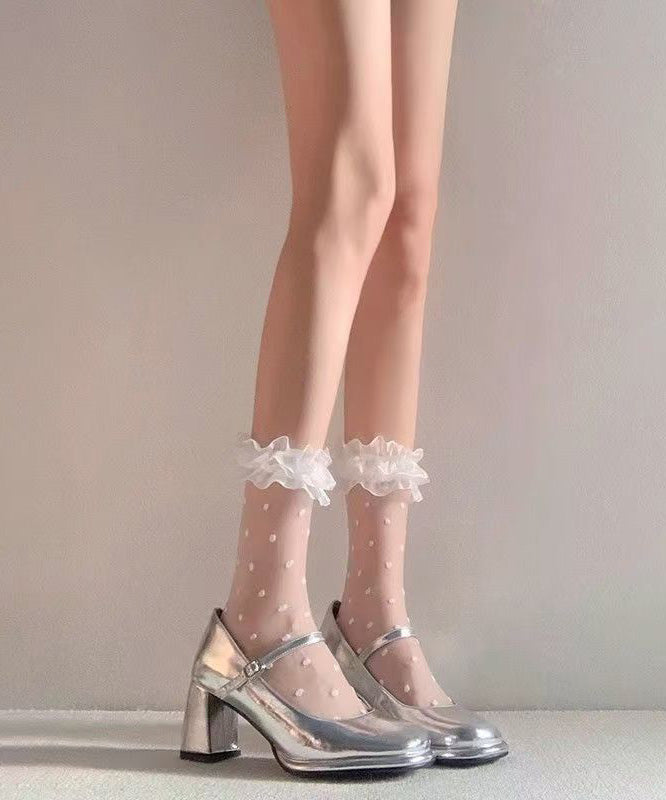 Chic White Ruffled Jacquard Lace Crew Socks